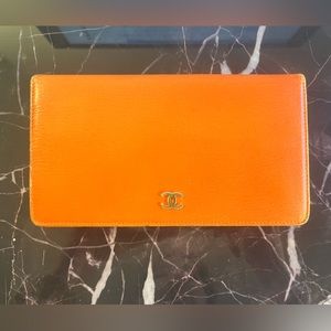 CHANEL Coral Leather Long Wallet with Gold Hardware